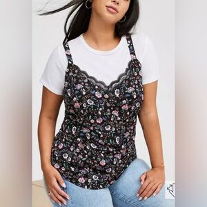 #7 torrid 2 Ava stretch Challis Lace Trim Cami in a black floral pattern
